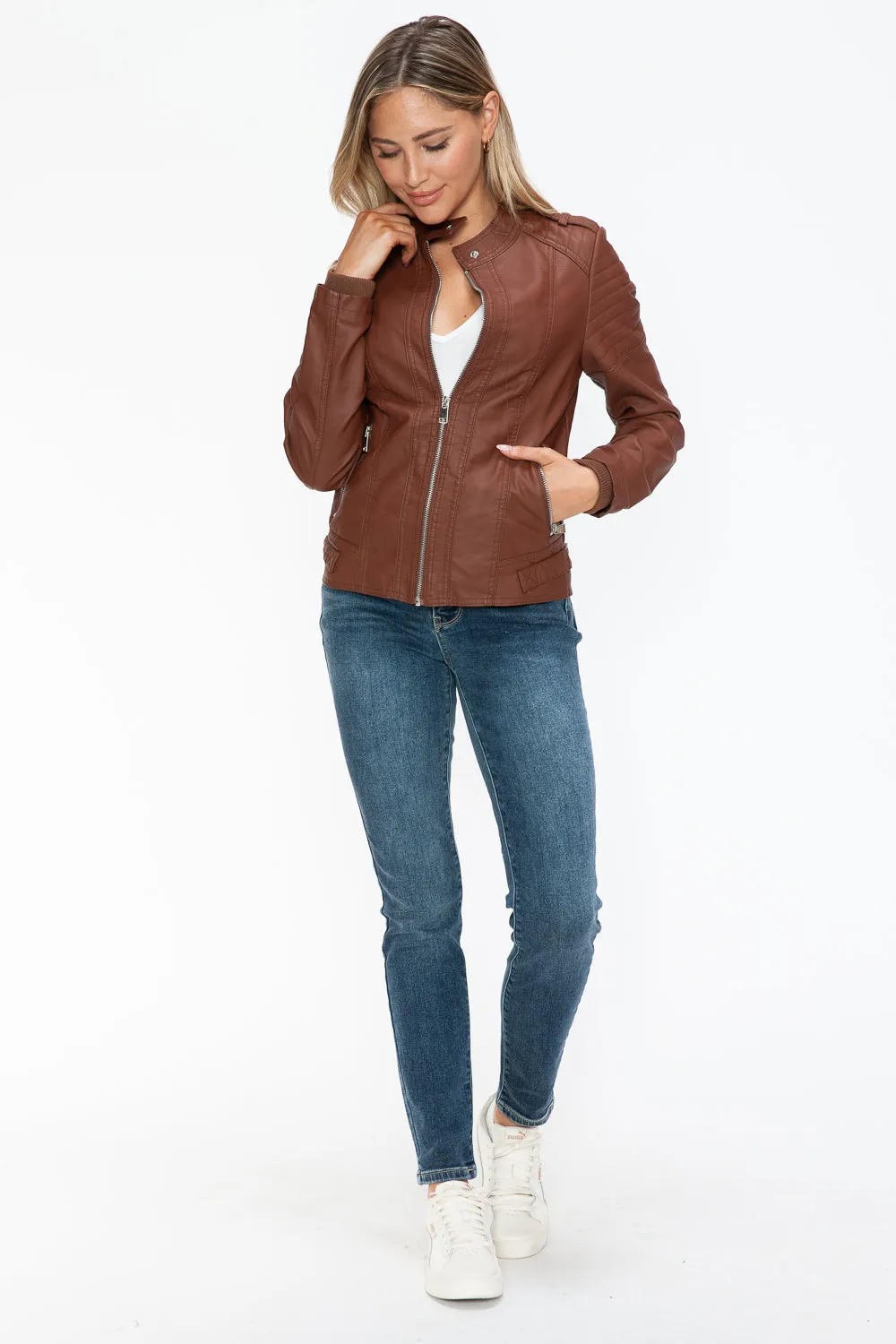 Snobbish PU Leather Biker Jacket with Side Zip Pockets