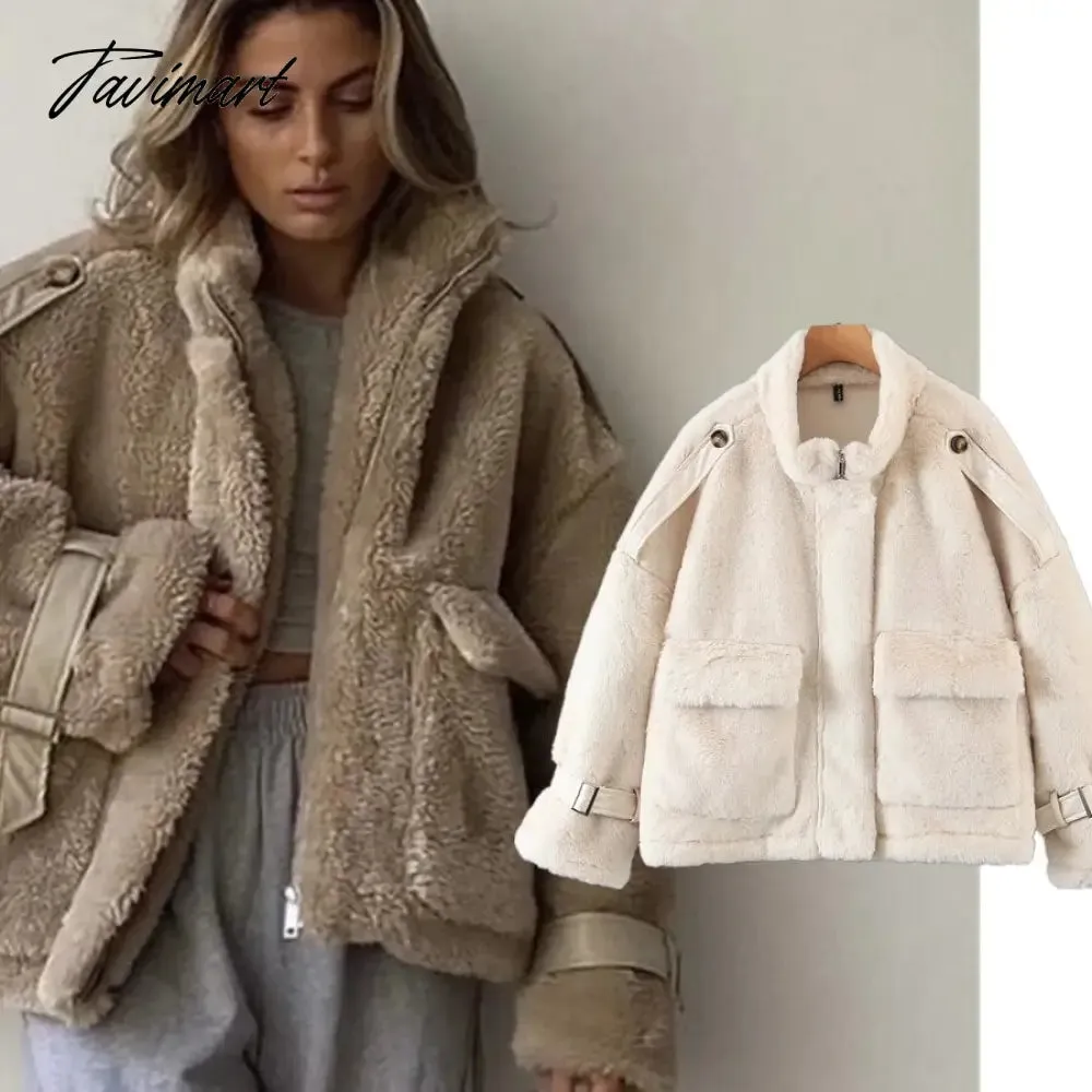 Tavimart Jaqueta Feminina Ins Blogger retro Casaco Feminino Rabbit Hair Stand Winter Jacket Women Collar Pockets Overcoat Women