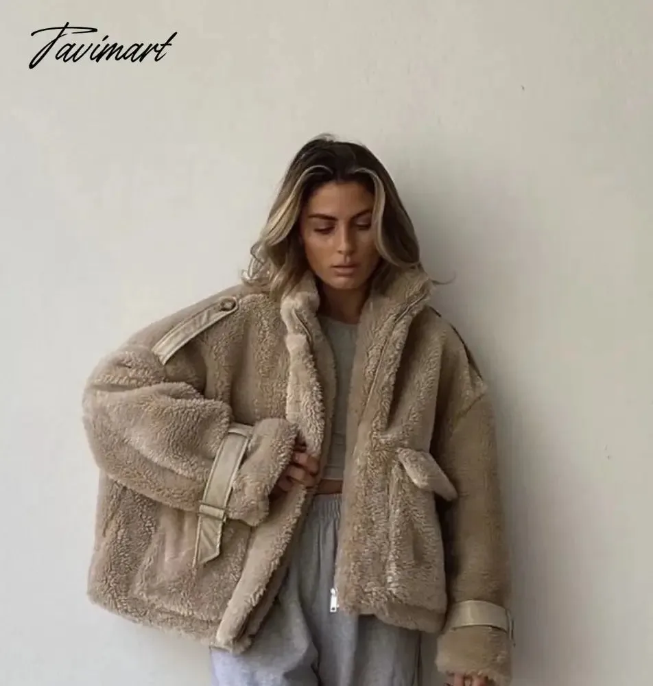 Tavimart Jaqueta Feminina Ins Blogger retro Casaco Feminino Rabbit Hair Stand Winter Jacket Women Collar Pockets Overcoat Women