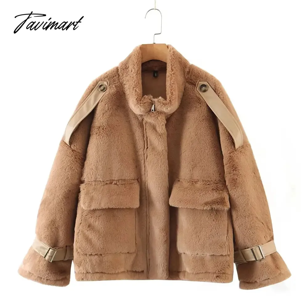 Tavimart Jaqueta Feminina Ins Blogger retro Casaco Feminino Rabbit Hair Stand Winter Jacket Women Collar Pockets Overcoat Women