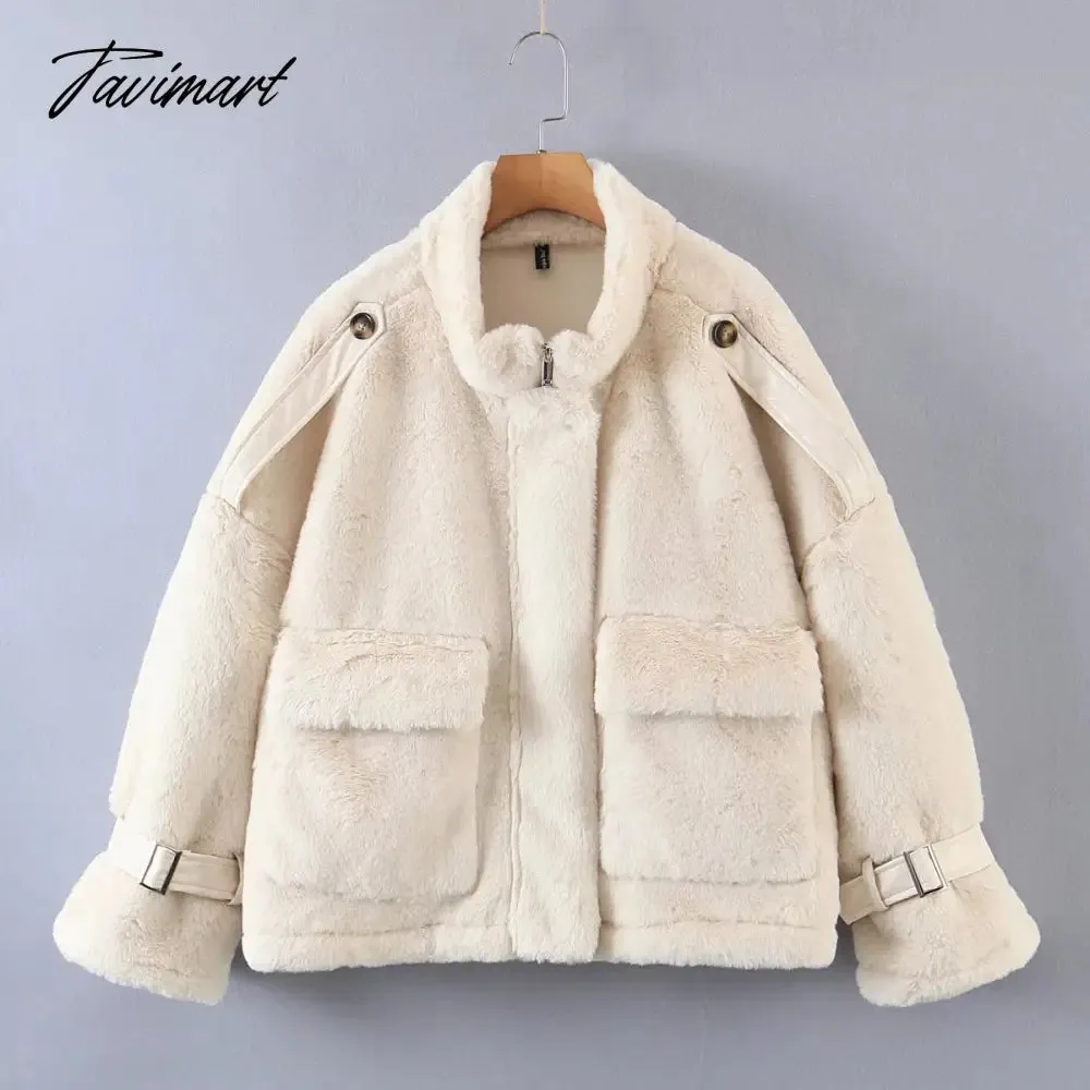 Tavimart Jaqueta Feminina Ins Blogger retro Casaco Feminino Rabbit Hair Stand Winter Jacket Women Collar Pockets Overcoat Women