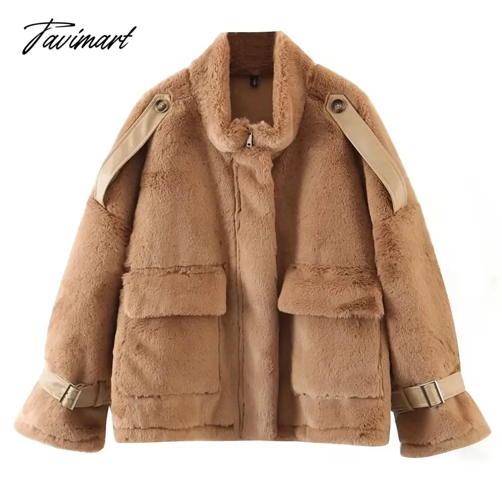 Tavimart Jaqueta Feminina Ins Blogger retro Casaco Feminino Rabbit Hair Stand Winter Jacket Women Collar Pockets Overcoat Women