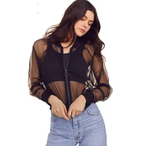 VenusFox Sexy Transparent Thin Long Sleeve Mesh Sheer Jackets Women Zipper Coats