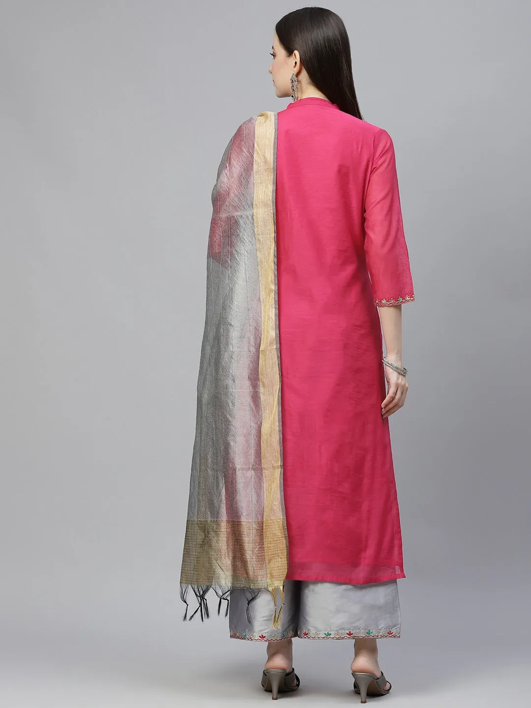 Women Pink & Grey Ethnic Yoke Design Aari Work Kurta With Palazzos & With Dupatta