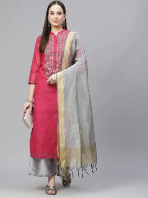 Women Pink & Grey Ethnic Yoke Design Aari Work Kurta With Palazzos & With Dupatta