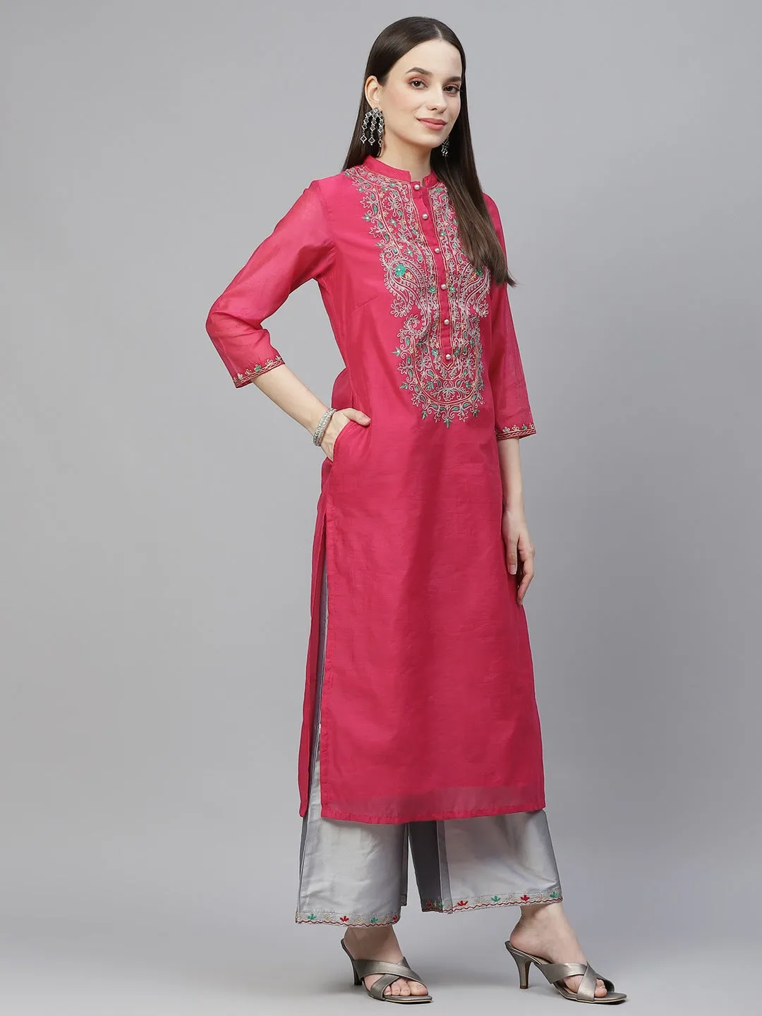 Women Pink & Grey Ethnic Yoke Design Aari Work Kurta With Palazzos & With Dupatta