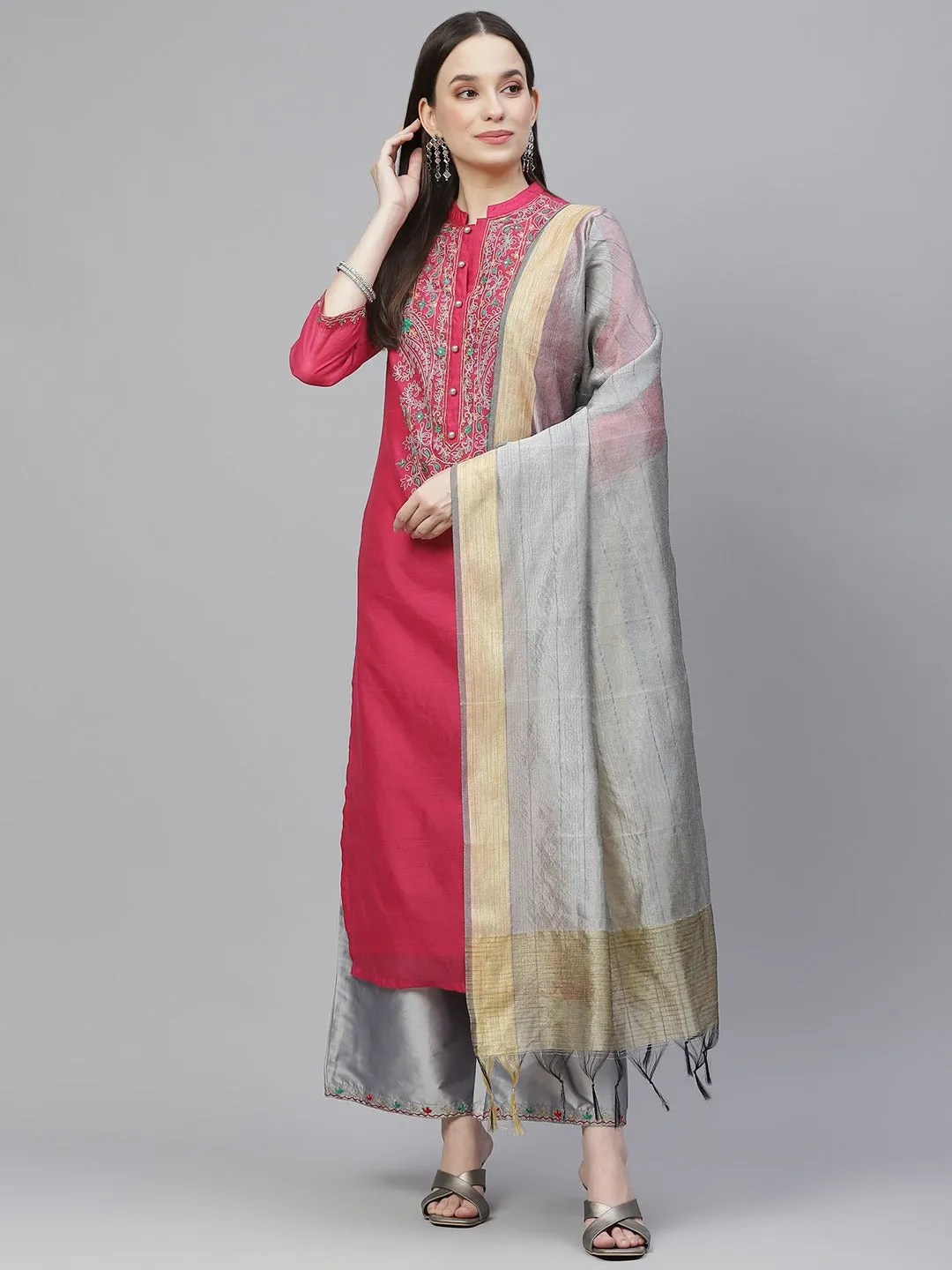 Women Pink & Grey Ethnic Yoke Design Aari Work Kurta With Palazzos & With Dupatta